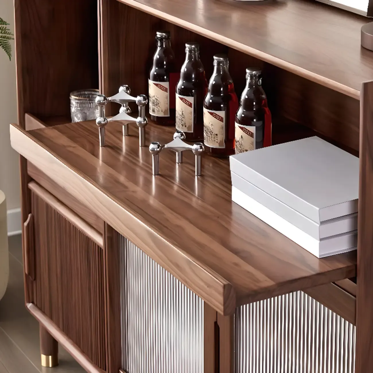 Modern Brown Wood Glass Door Adjustable Shelf Storage Cabinet Image - 9