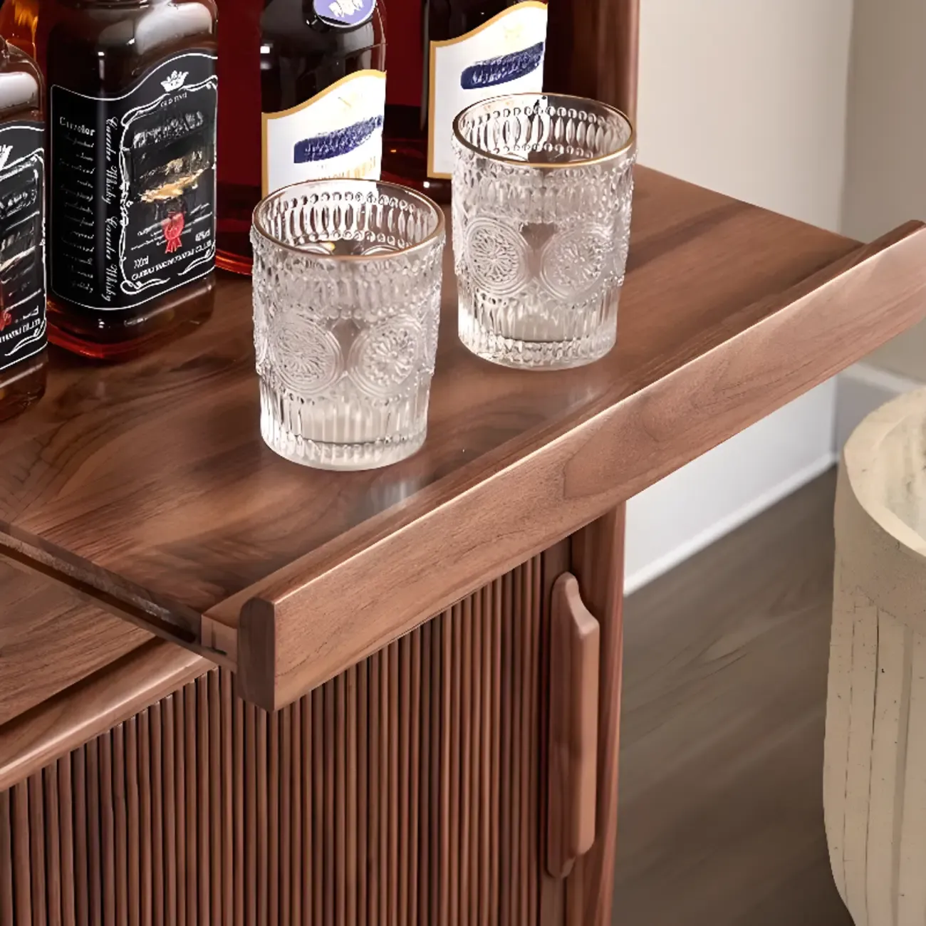 Modern Brown Wood Glass Door Adjustable Shelf Storage Cabinet Image - 10