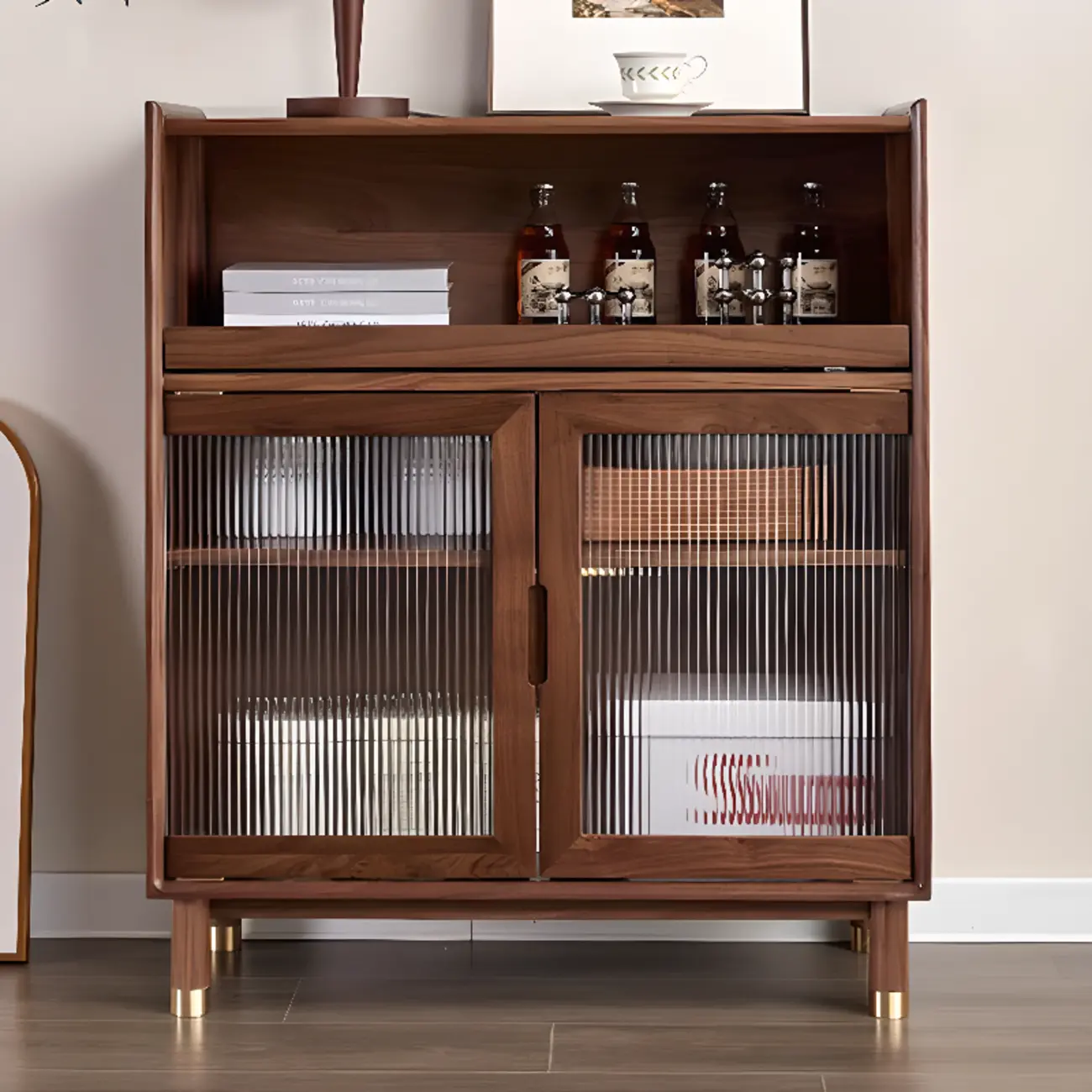 Modern Brown Wood Glass Door Adjustable Shelf Storage Cabinet Image - 1 | homeyfad