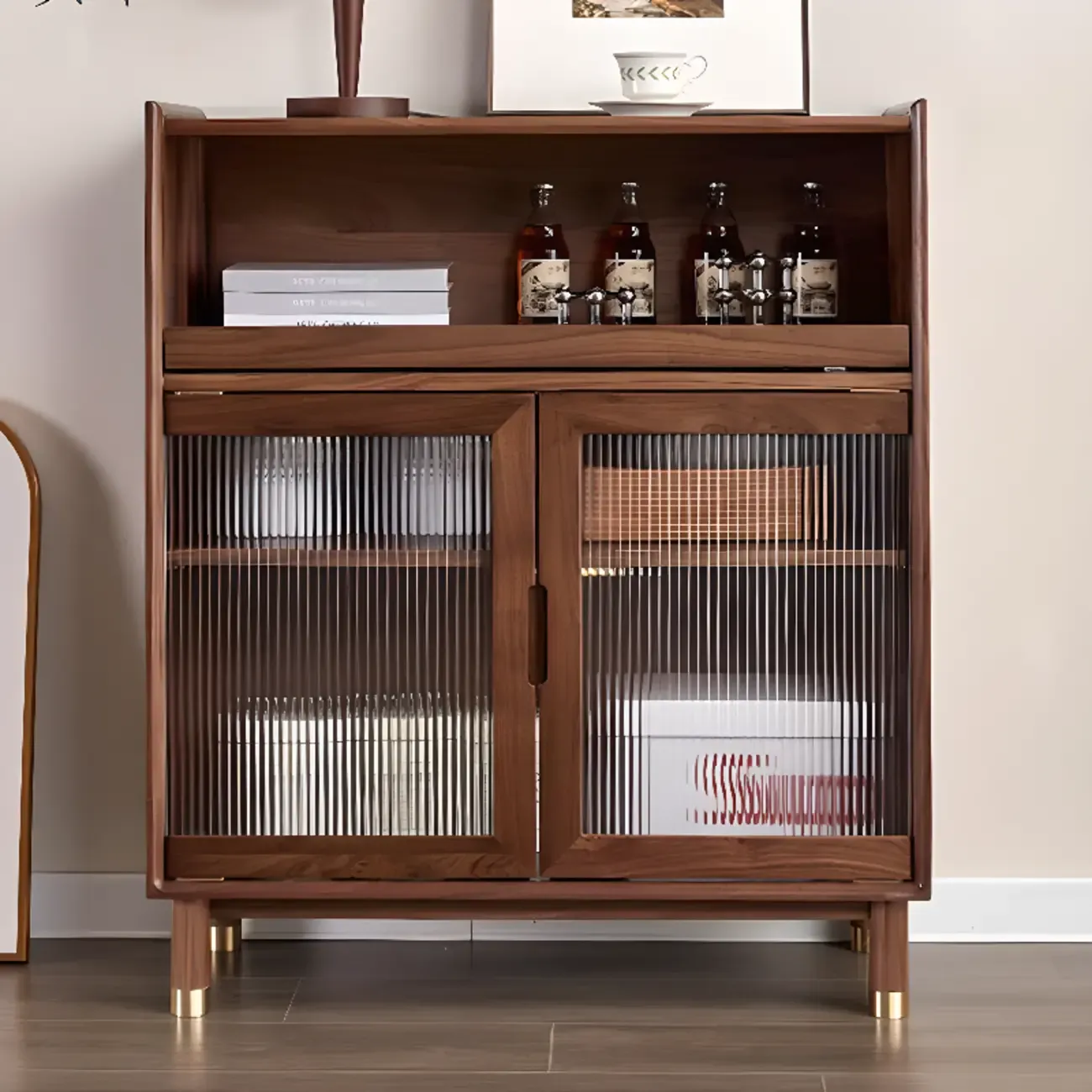 Modern Brown Wood Glass Door Adjustable Shelf Storage Cabinet Image - 1