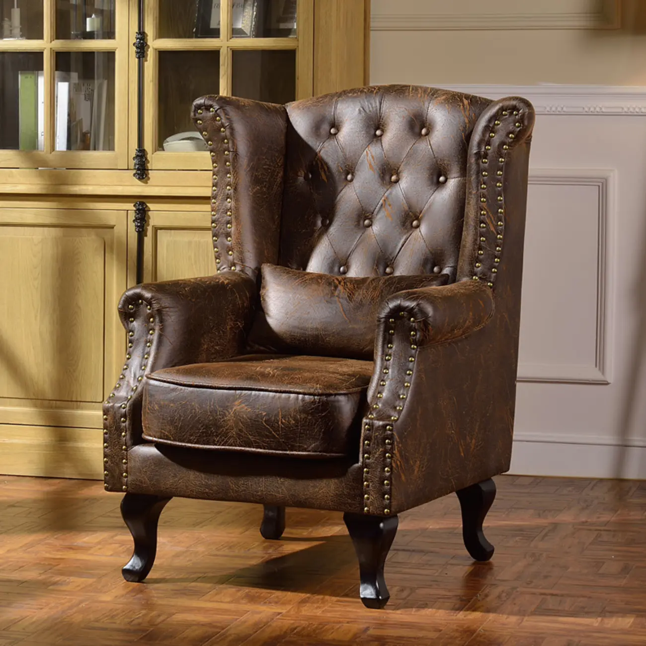Traditional Leather Wingback Accent Chair with Nailhead Trim Image - 3 | homeyfad