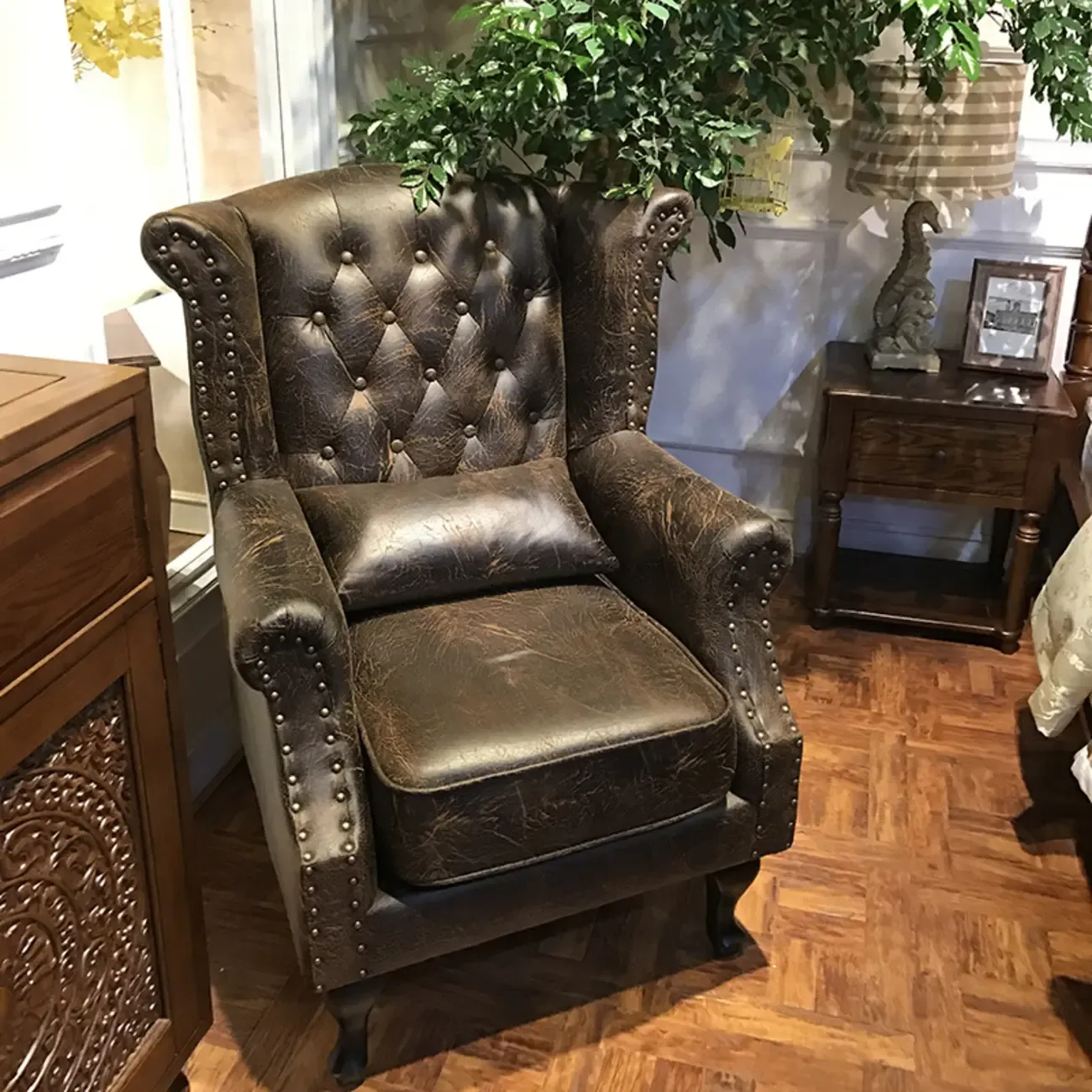 Traditional Leather Wingback Accent Chair with Nailhead Trim Image - 2