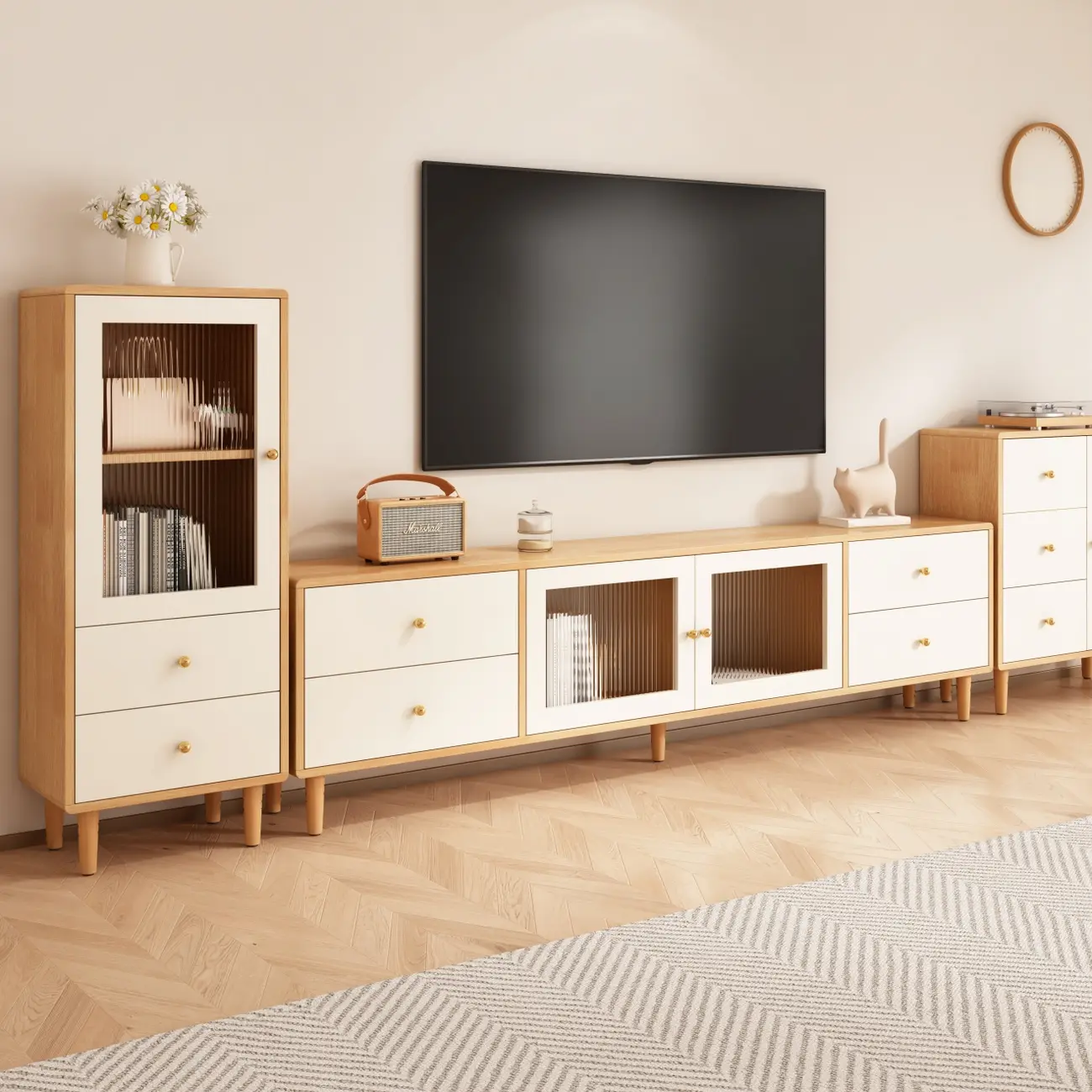 Contemporary Natural Wood TV Stand with 4-Drawers for Home Image - 1 | homeyfad
