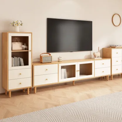 Contemporary Natural Wood TV Stand with 4-Drawers for Home Image - 1