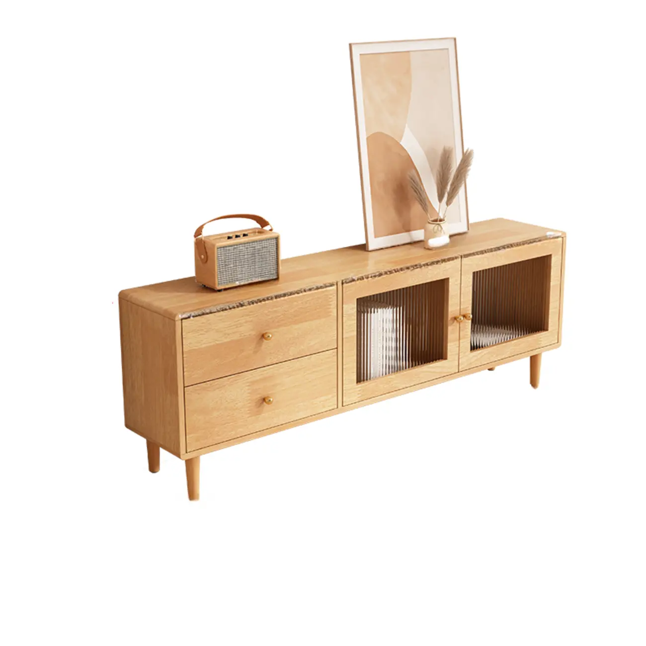 Contemporary Natural Wood TV Stand with 4-Drawers for Home Image - 3 | homeyfad