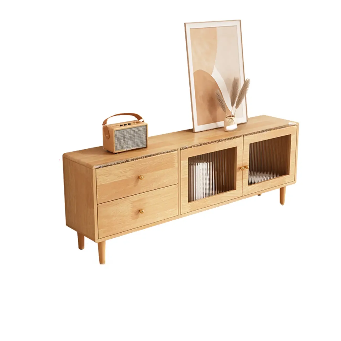 Contemporary Natural Wood TV Stand with 4-Drawers for Home Image - 3