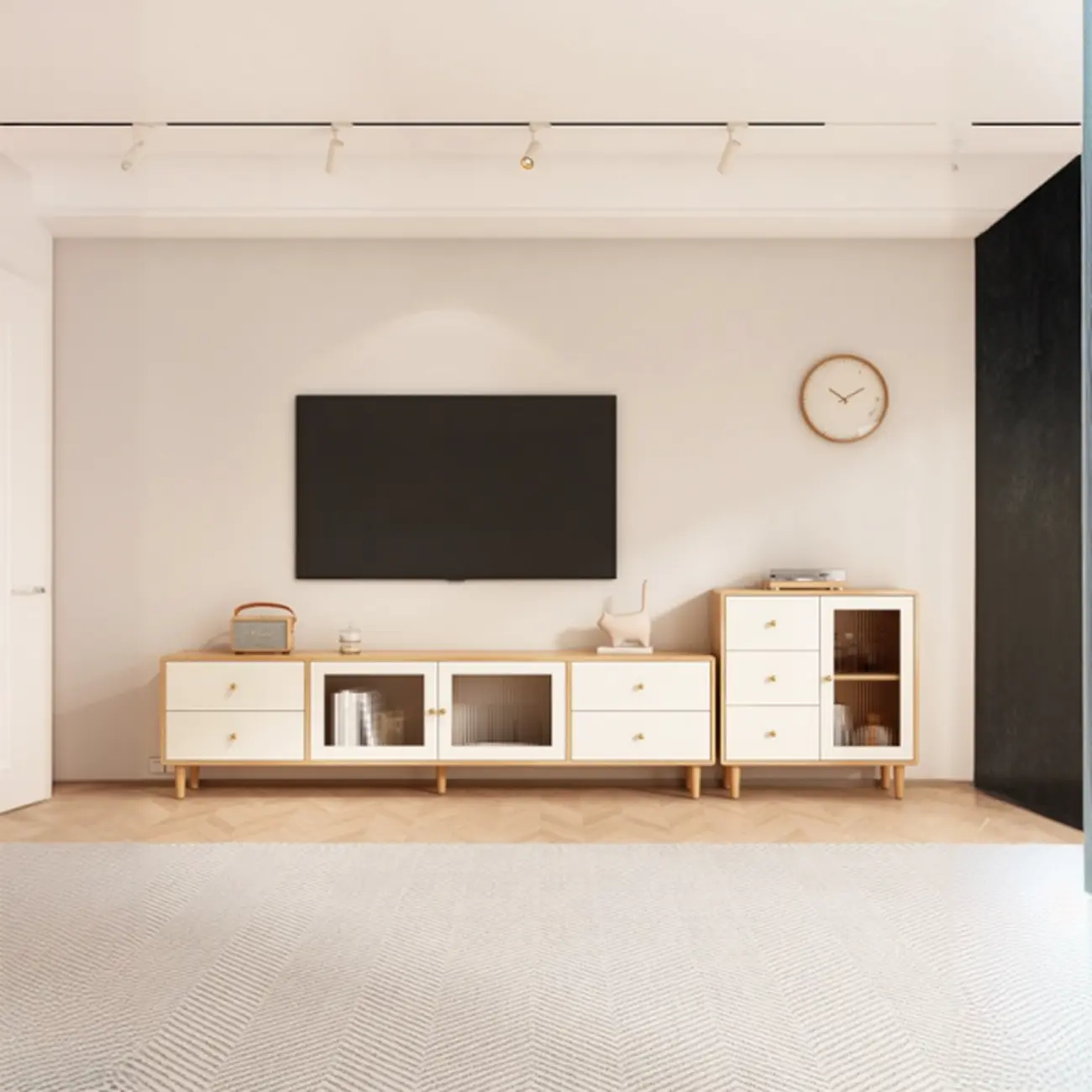 Contemporary Natural Wood TV Stand with 4-Drawers for Home Image - 6 | homeyfad