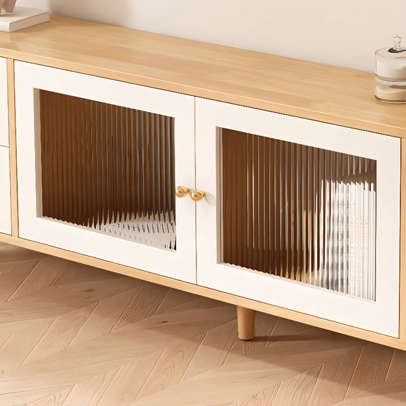 Contemporary Natural Wood TV Stand with 4-Drawers for Home Image - 10 | homeyfad