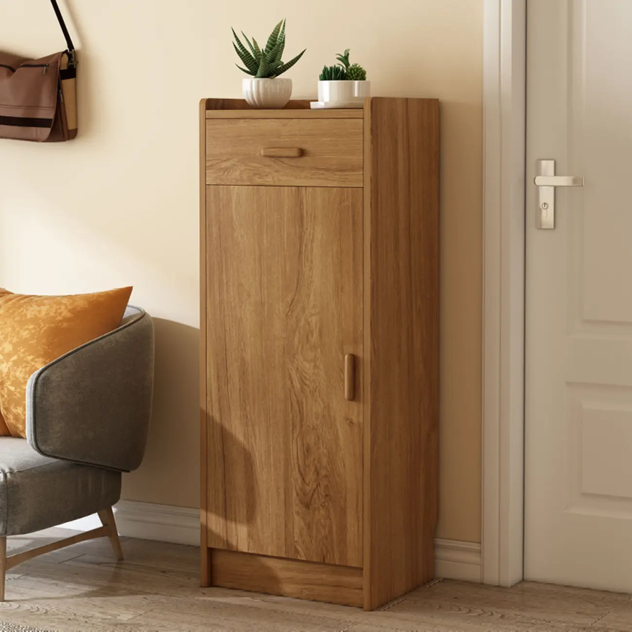 Narrow Entryway Vertical Adjustable Wood Shoe Storage Cabinet Image - 3 | homeyfad