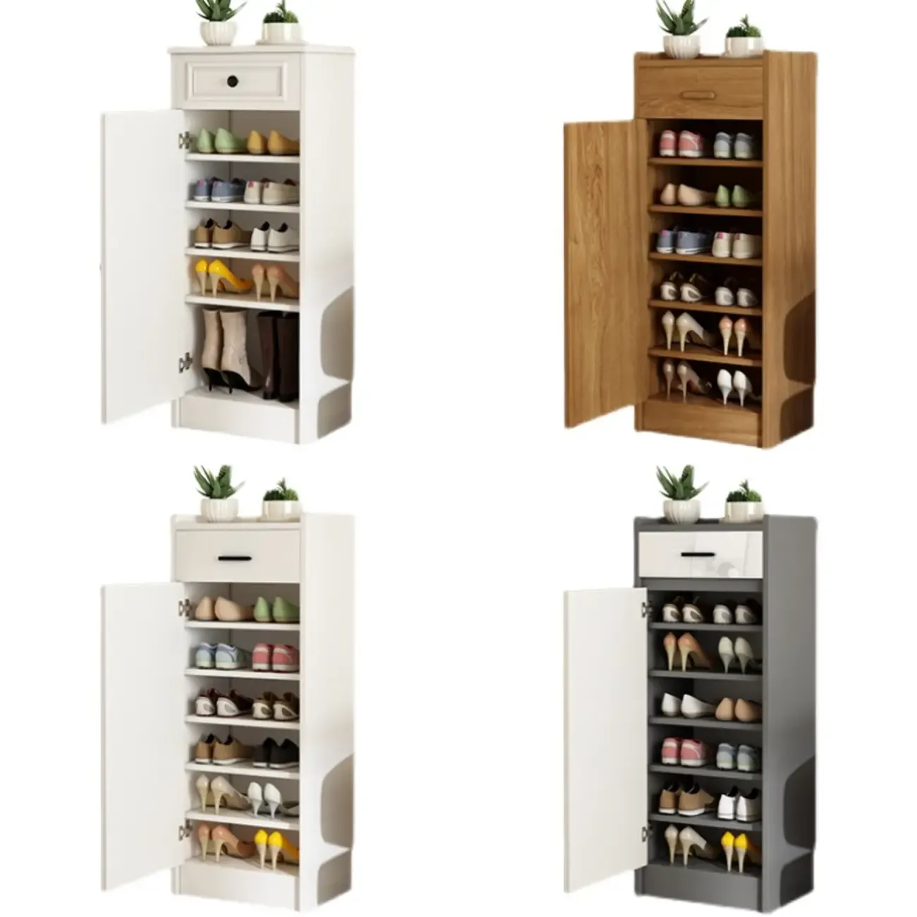 Narrow Entryway Vertical Adjustable Wood Shoe Storage Cabinet Image - 5
