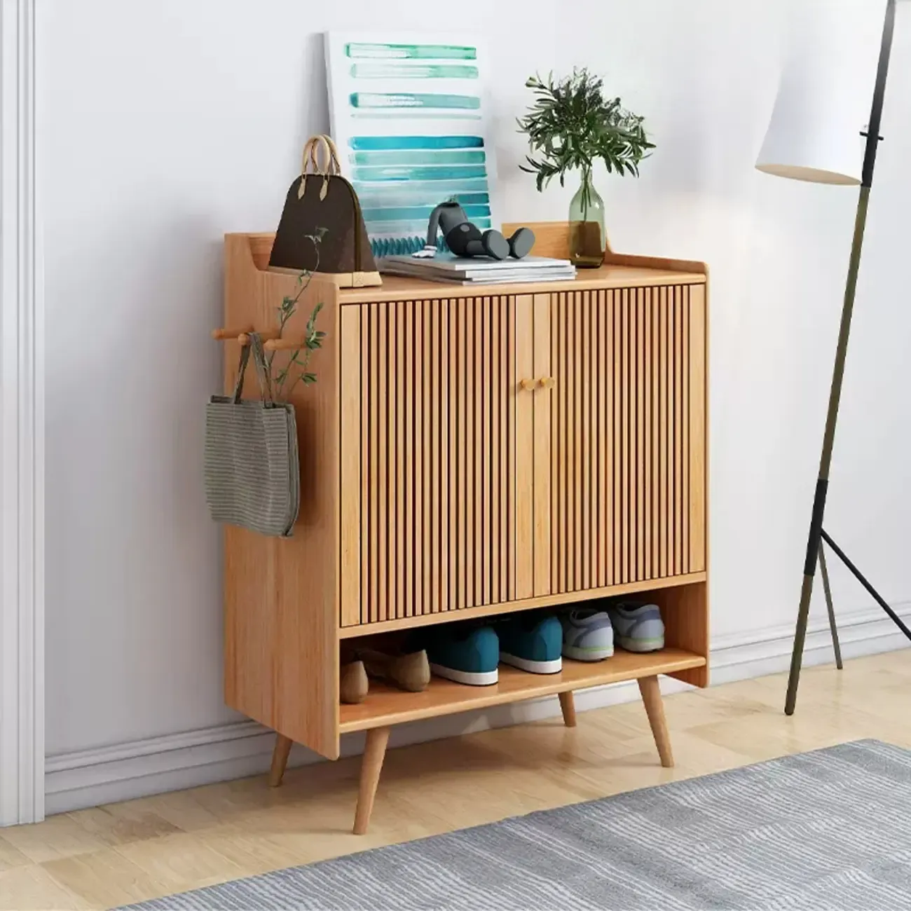 Modern Wood Shoe Cabinet with Doors for Entryway