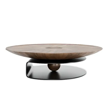Nesting Brown Wood Round Black Steel Base Coffee Table Image - 4