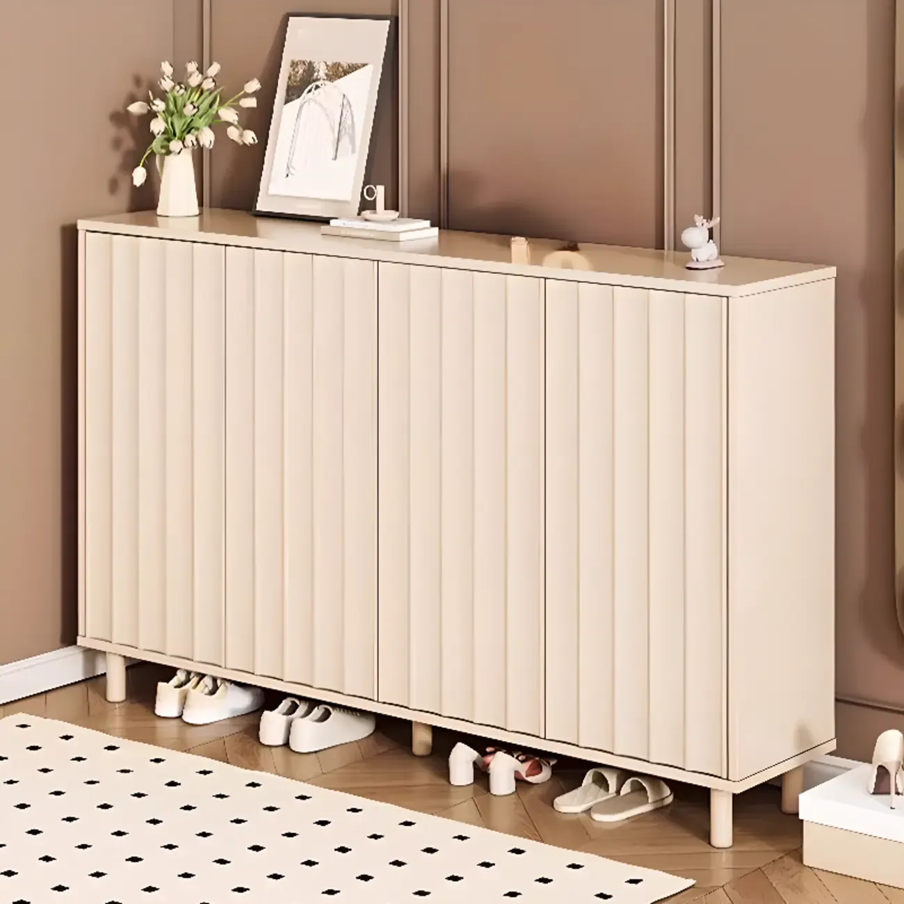 Modern White Closed Back Adjustable Wooden Shoe Cabinet Image - 6