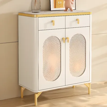 Entryway White Wooden Shoe Cabinet with Glass Doors Image - 2