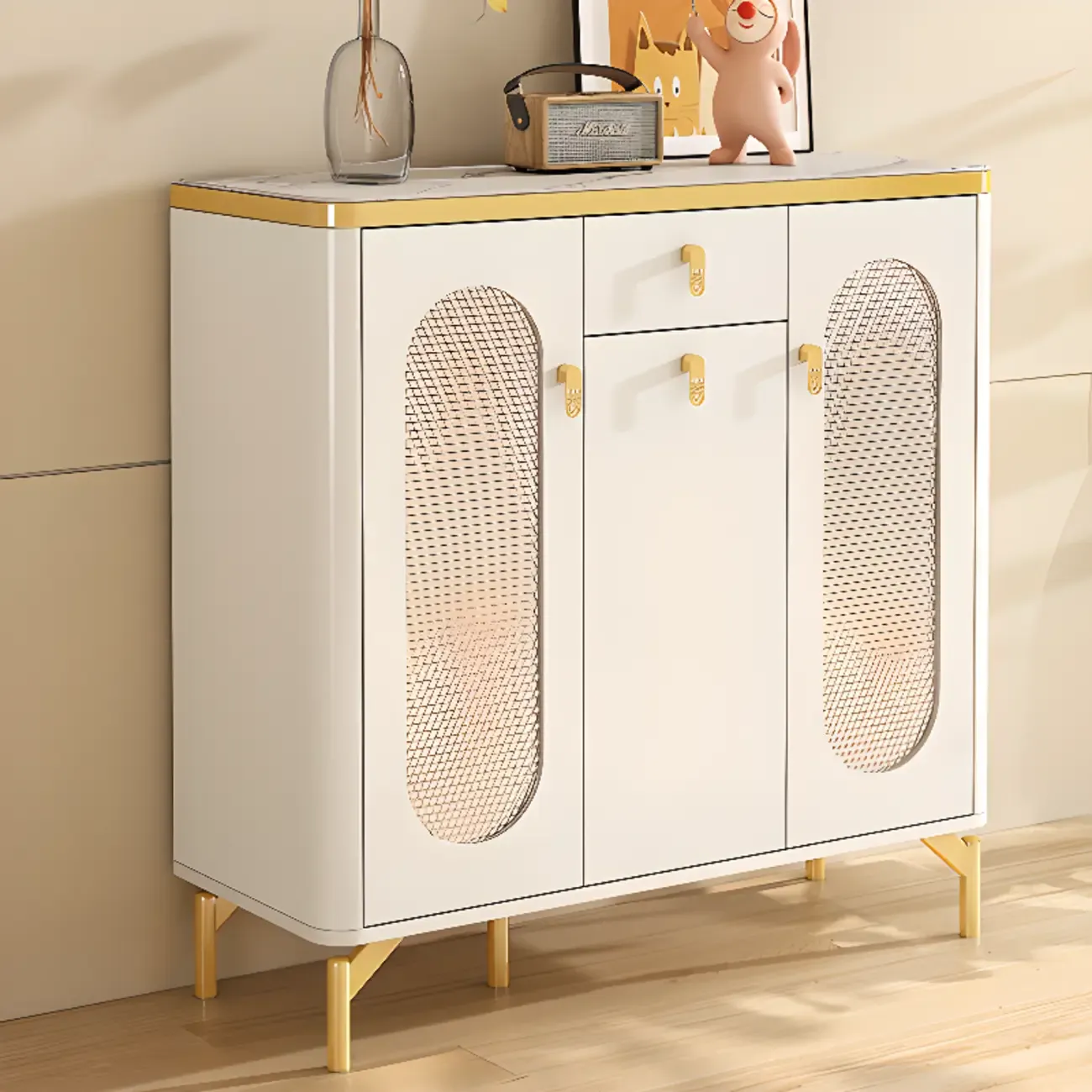 Entryway White Wooden Shoe Cabinet with Glass Doors Image - 3