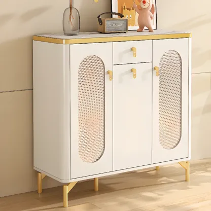 Entryway White Wooden Shoe Cabinet with Glass Doors Image - 3