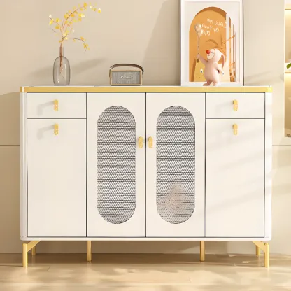 Entryway White Wooden Shoe Cabinet with Glass Doors Image - 4