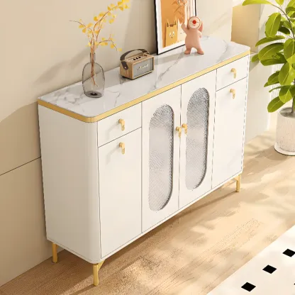 Entryway White Wooden Shoe Cabinet with Glass Doors Image - 6