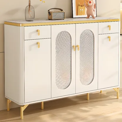 Entryway White Wooden Shoe Cabinet with Glass Doors Image - 7