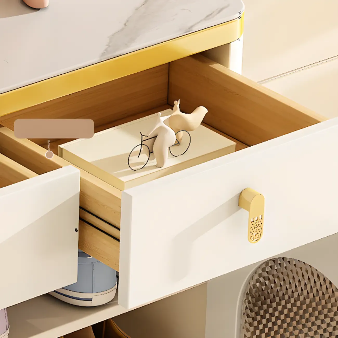 Entryway White Wooden Shoe Cabinet with Glass Doors Image - 10