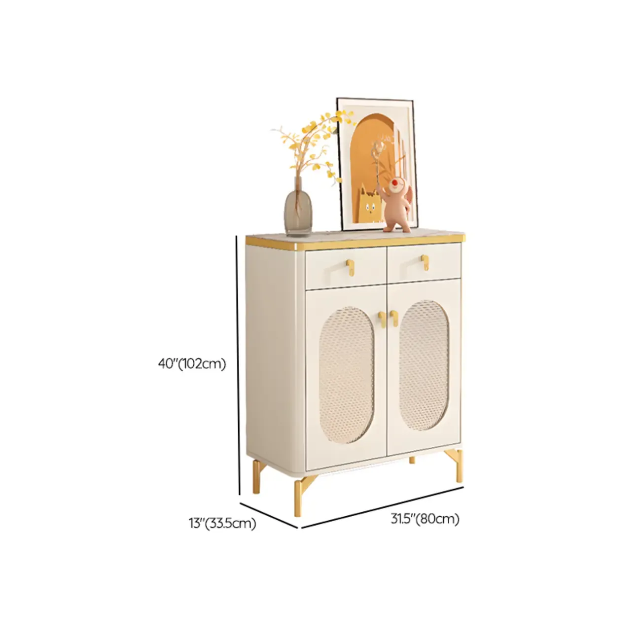 Entryway White Wooden Shoe Cabinet with Glass Doors #size