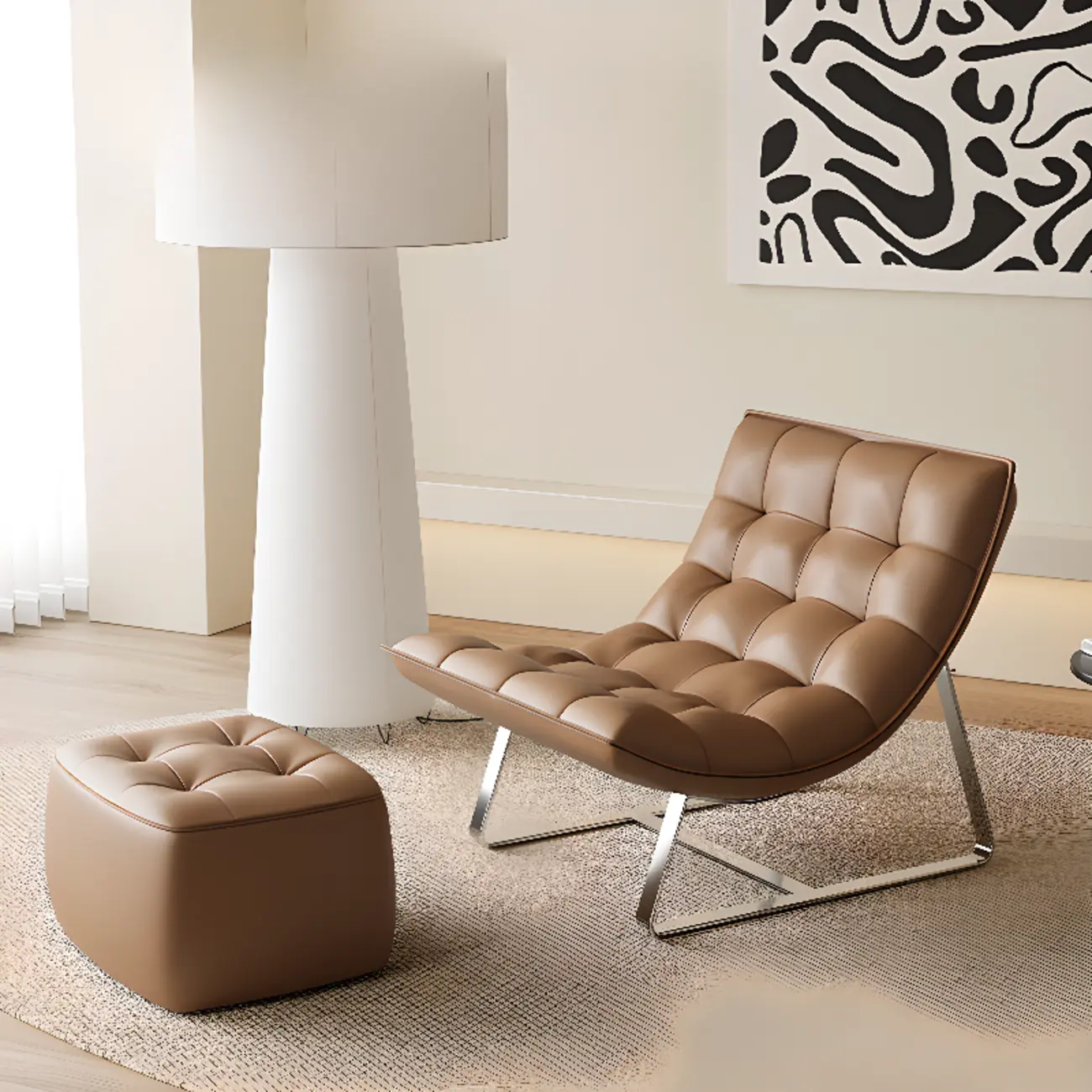 Modern Tufted Leather Accent ArmChair with Ottoman Image - 1 | homeyfad