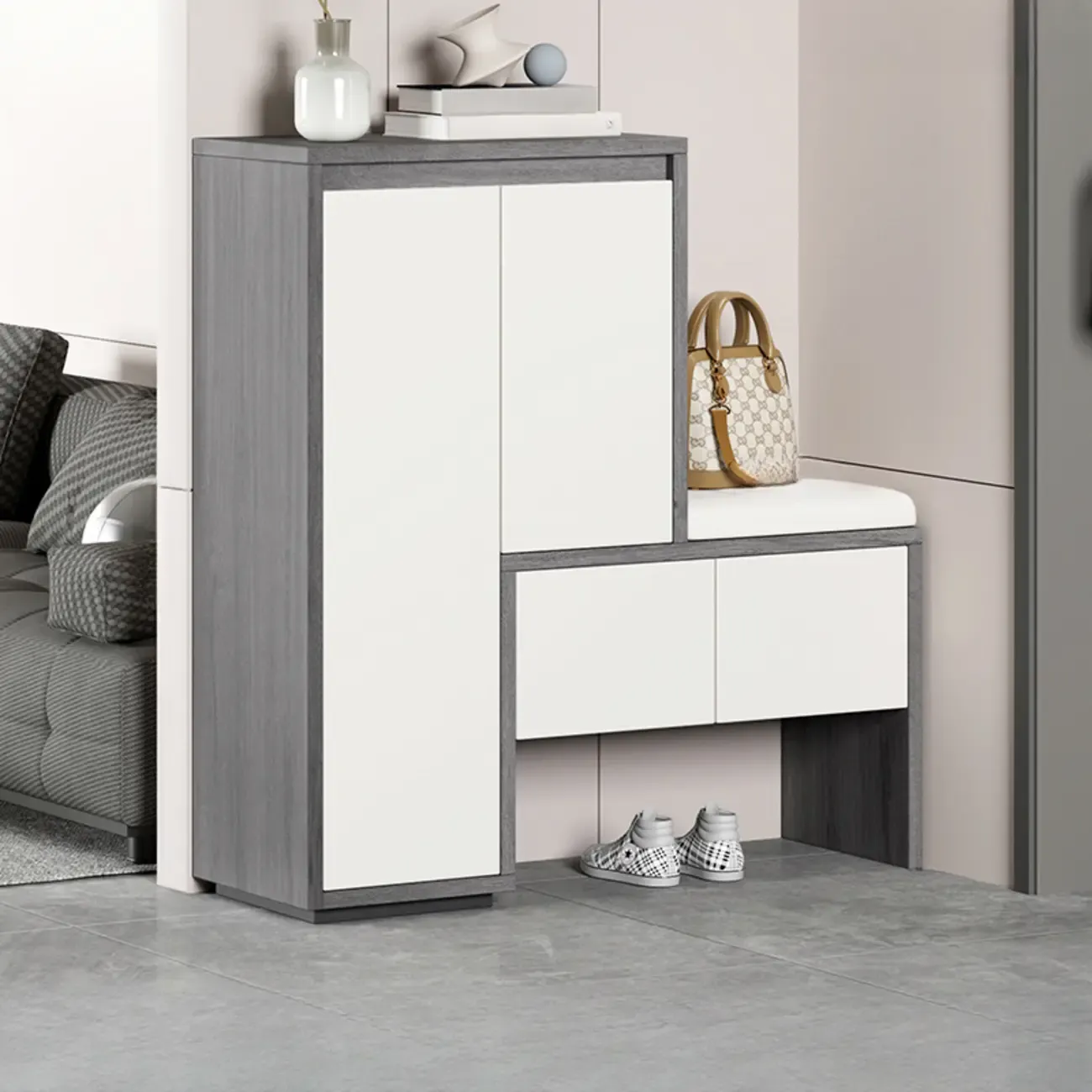 Modern Wood Shoe Rack with Drawers for Entryway