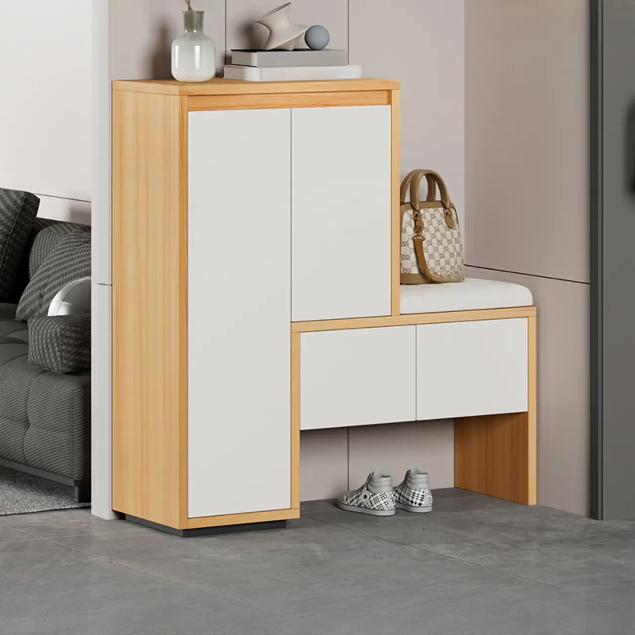 Modern Wood Shoe Rack with Drawers for Entryway