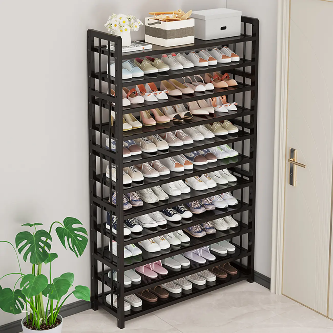 Adjustable Black Wooden Shoe Rack for Entryway Image - 1 | homeyfad