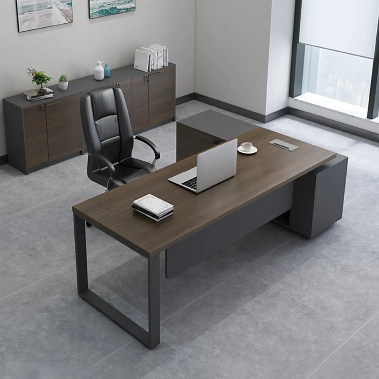 Executive Gray Wood Storage L-Shaped Computer Desk Image - 1 | homeyfad