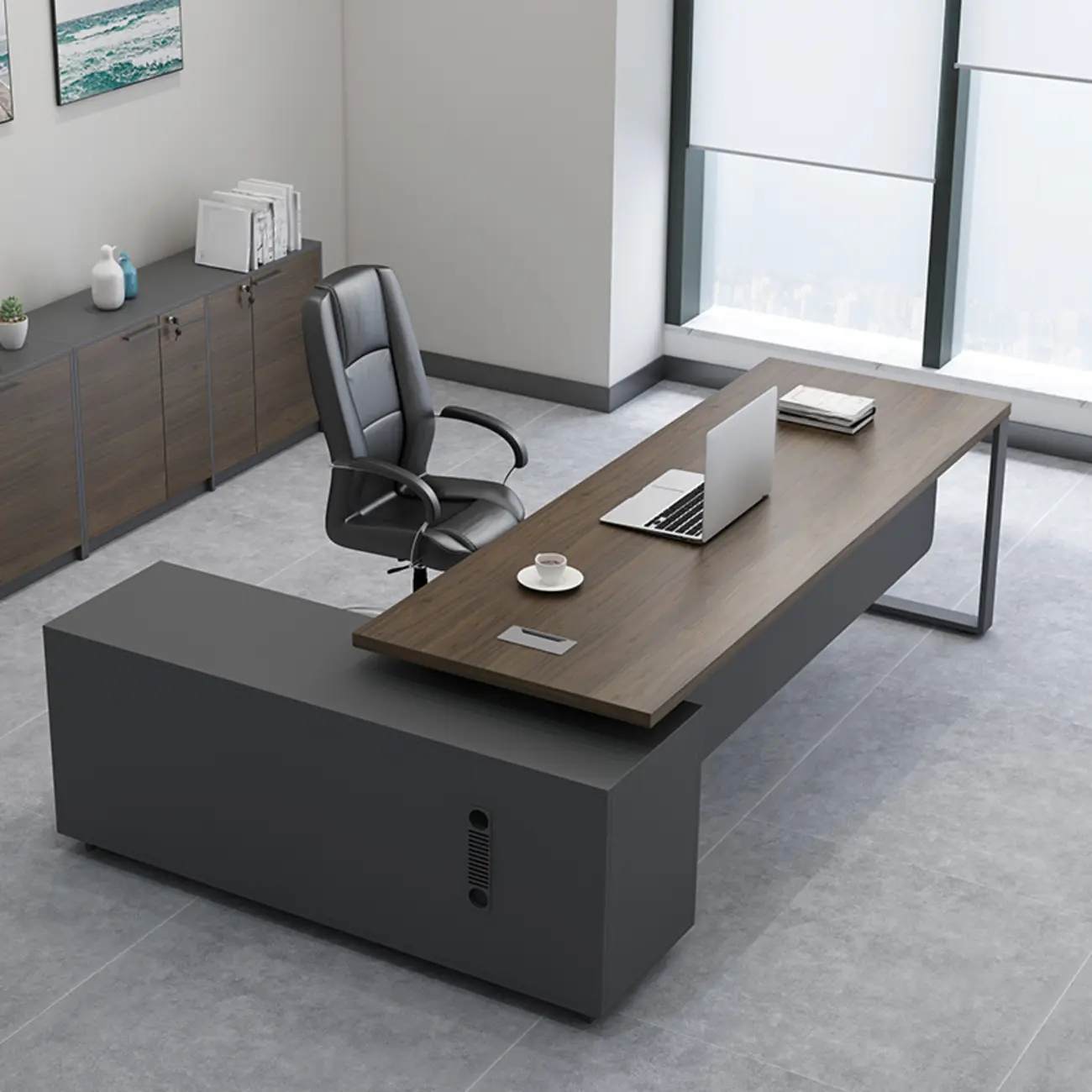Executive Gray Wood Storage L-Shaped Computer Desk Image - 2 | homeyfad