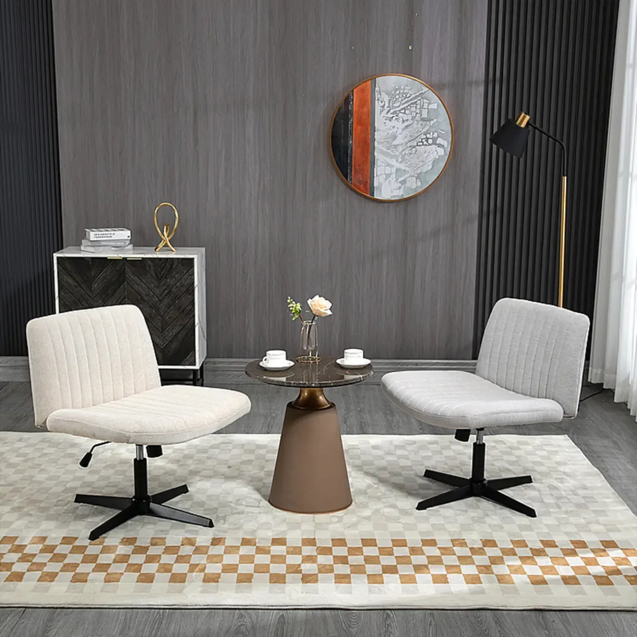 Low-Back White Upholstered Adjustable Swivel Office Chair Image - 1