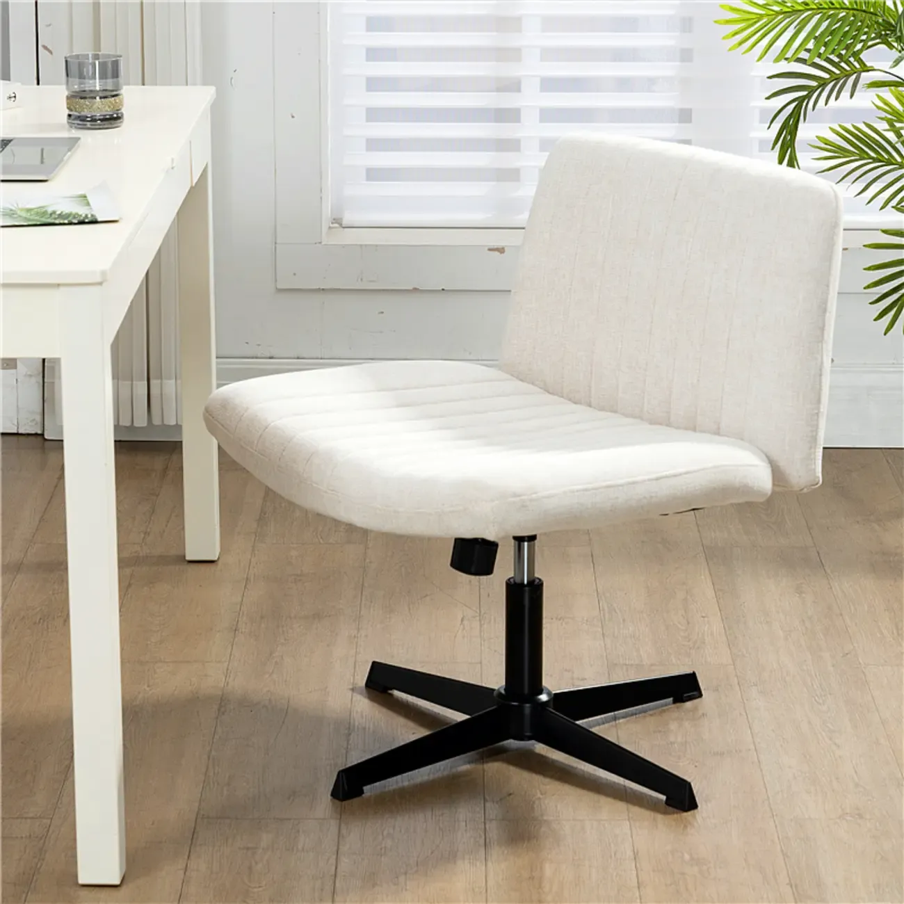 Low-Back White Upholstered Adjustable Swivel Office Chair Image - 2
