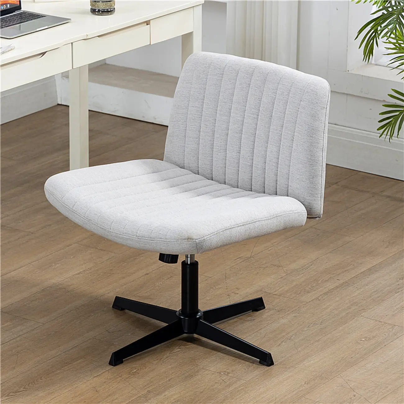 Low-Back White Upholstered Adjustable Swivel Office Chair Image - 3 | homeyfad