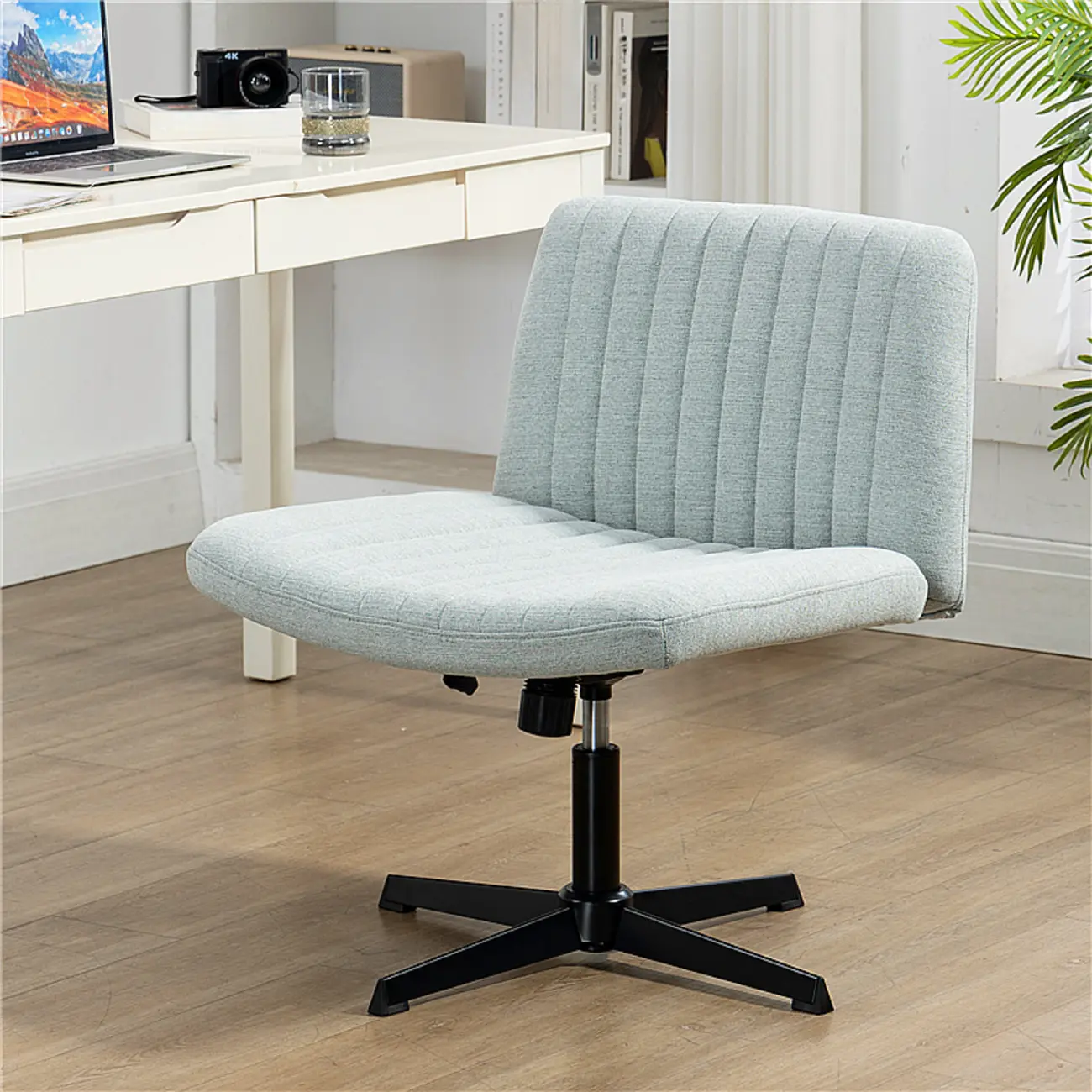 Low-Back White Upholstered Adjustable Swivel Office Chair Image - 4 | homeyfad