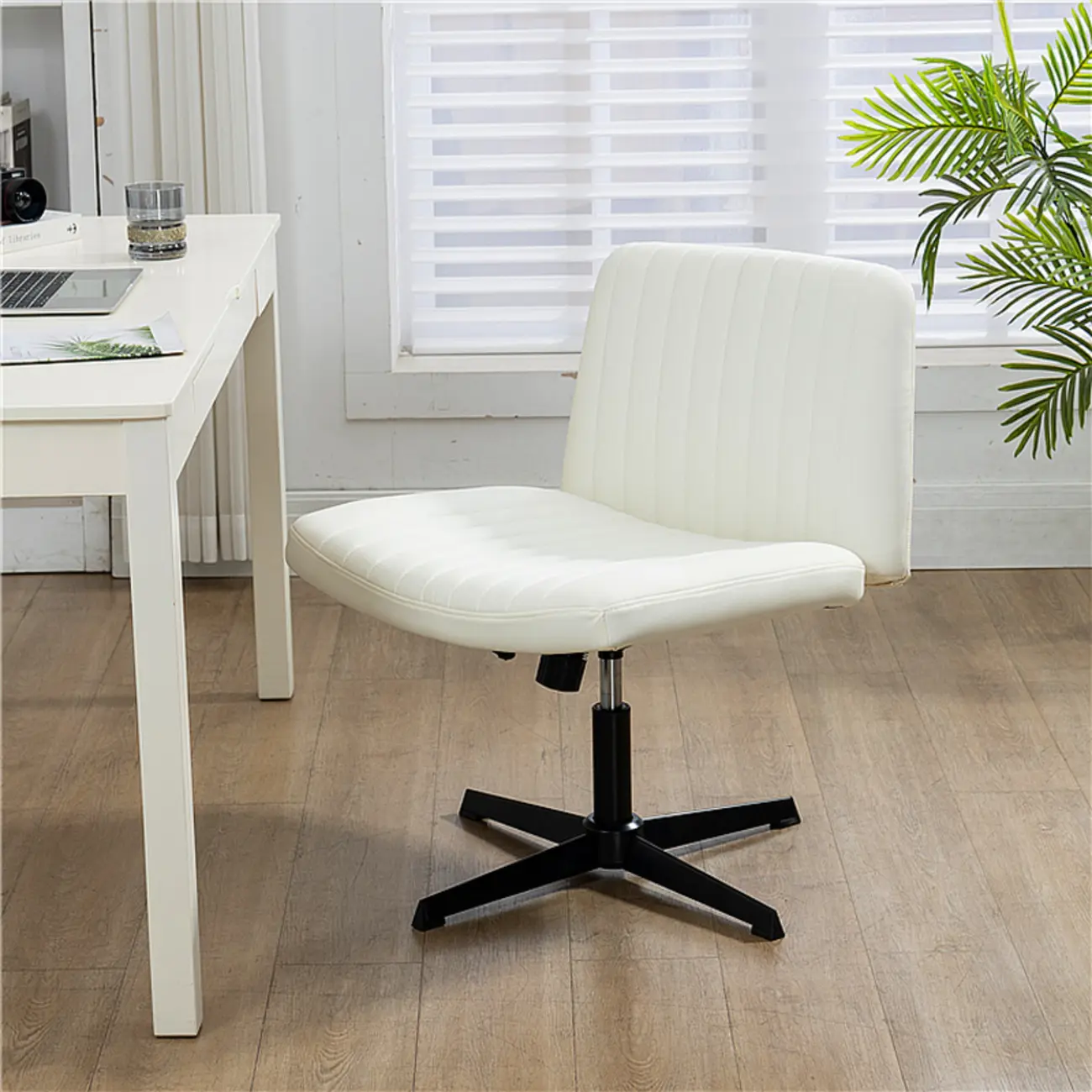 Low-Back White Upholstered Adjustable Swivel Office Chair Image - 6 | homeyfad