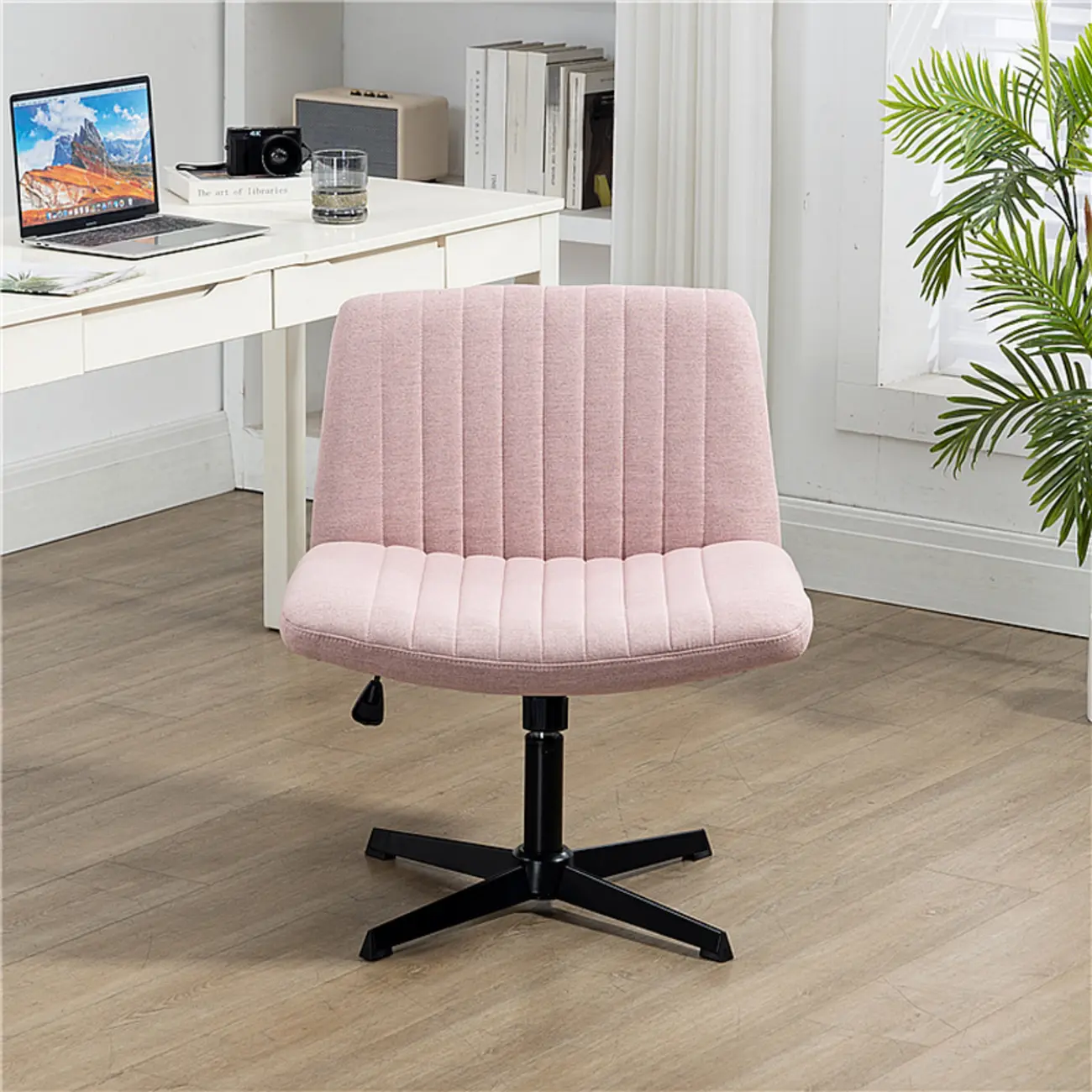Low-Back White Upholstered Adjustable Swivel Office Chair Image - 7 | homeyfad
