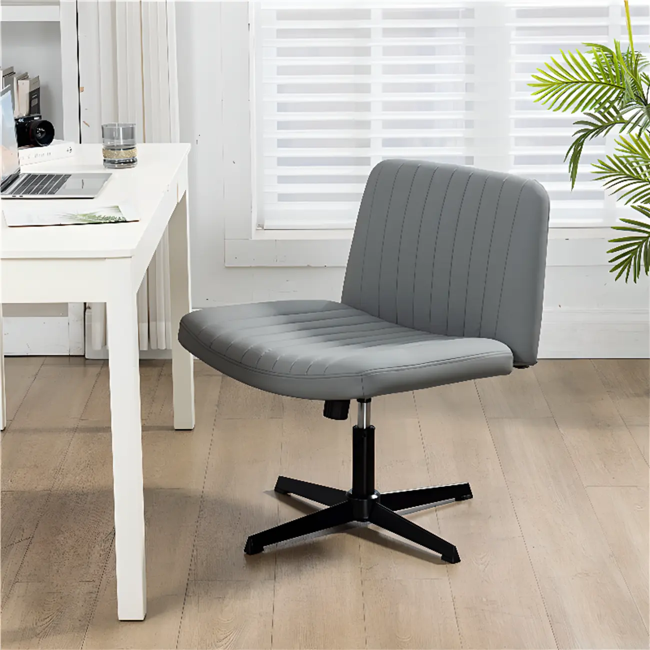 Low-Back White Upholstered Adjustable Swivel Office Chair Image - 5 | homeyfad