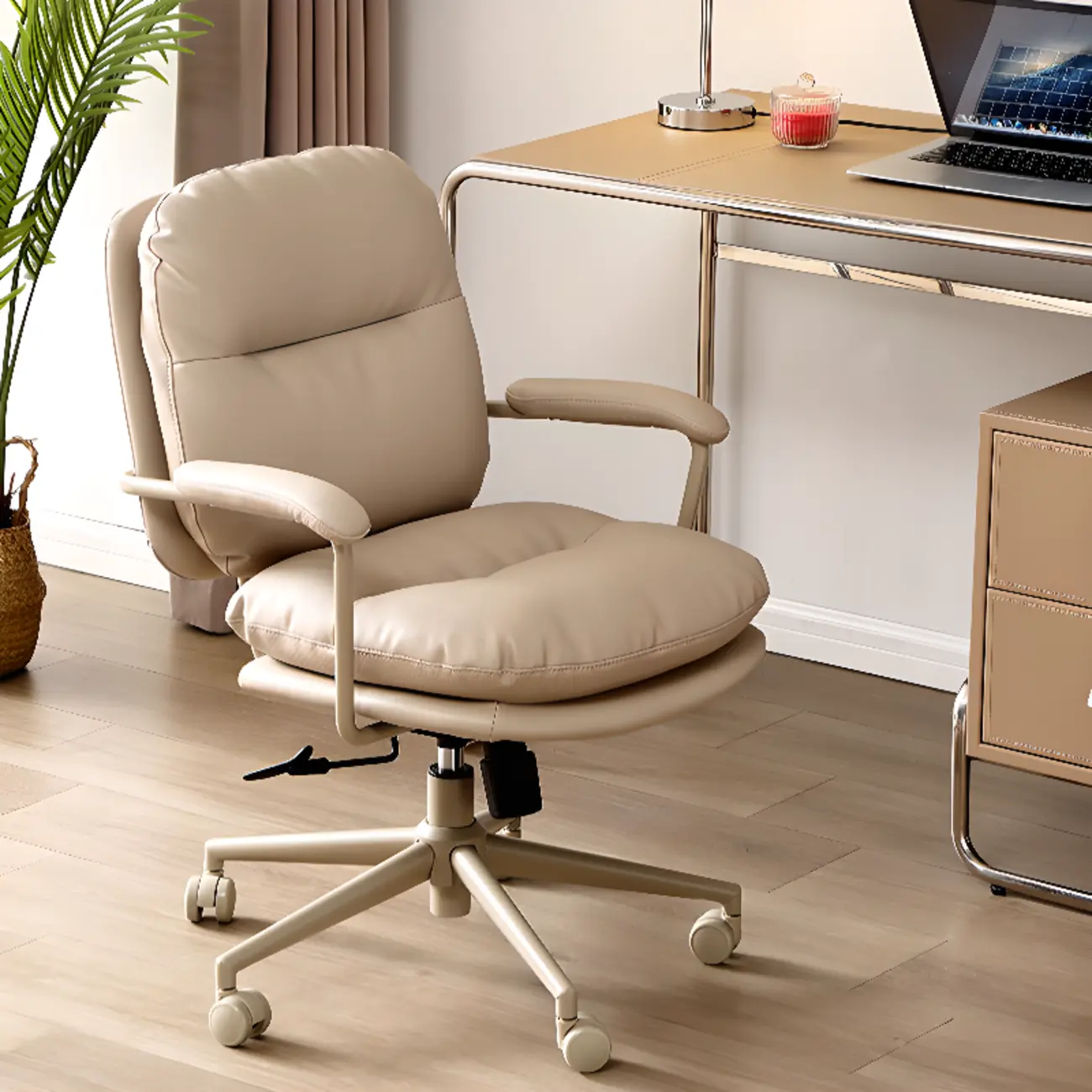 Elegant Beige Leather Swivel Ergonomic Office Chair Image - 1 | homeyfad