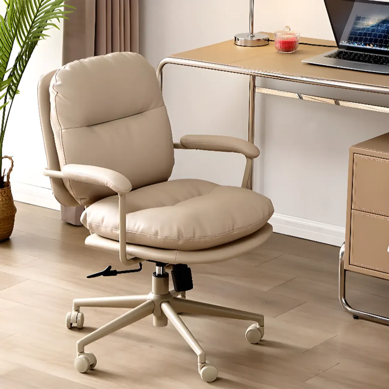 Elegant Beige Leather Swivel Ergonomic Office Chair Image - 1