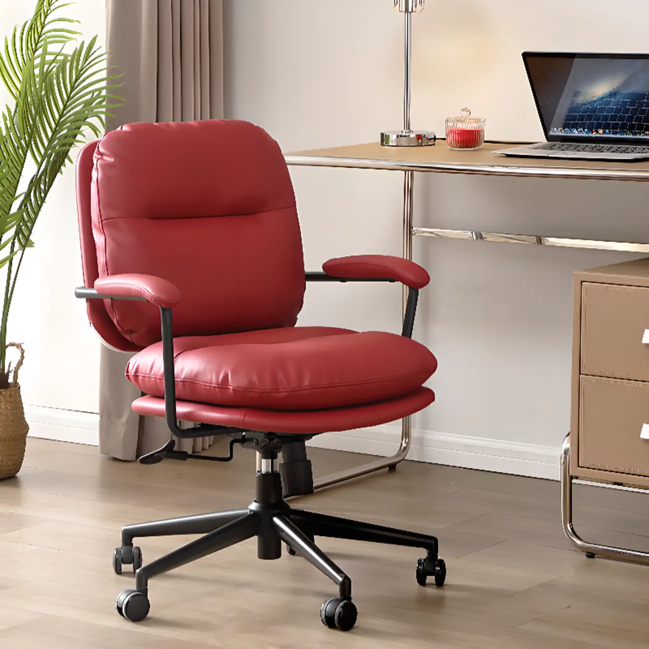 Elegant Beige Leather Swivel Ergonomic Office Chair Image - 2 | homeyfad