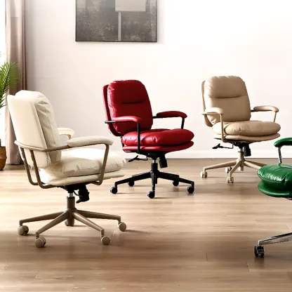 Elegant Beige Leather Swivel Ergonomic Office Chair Image - 3