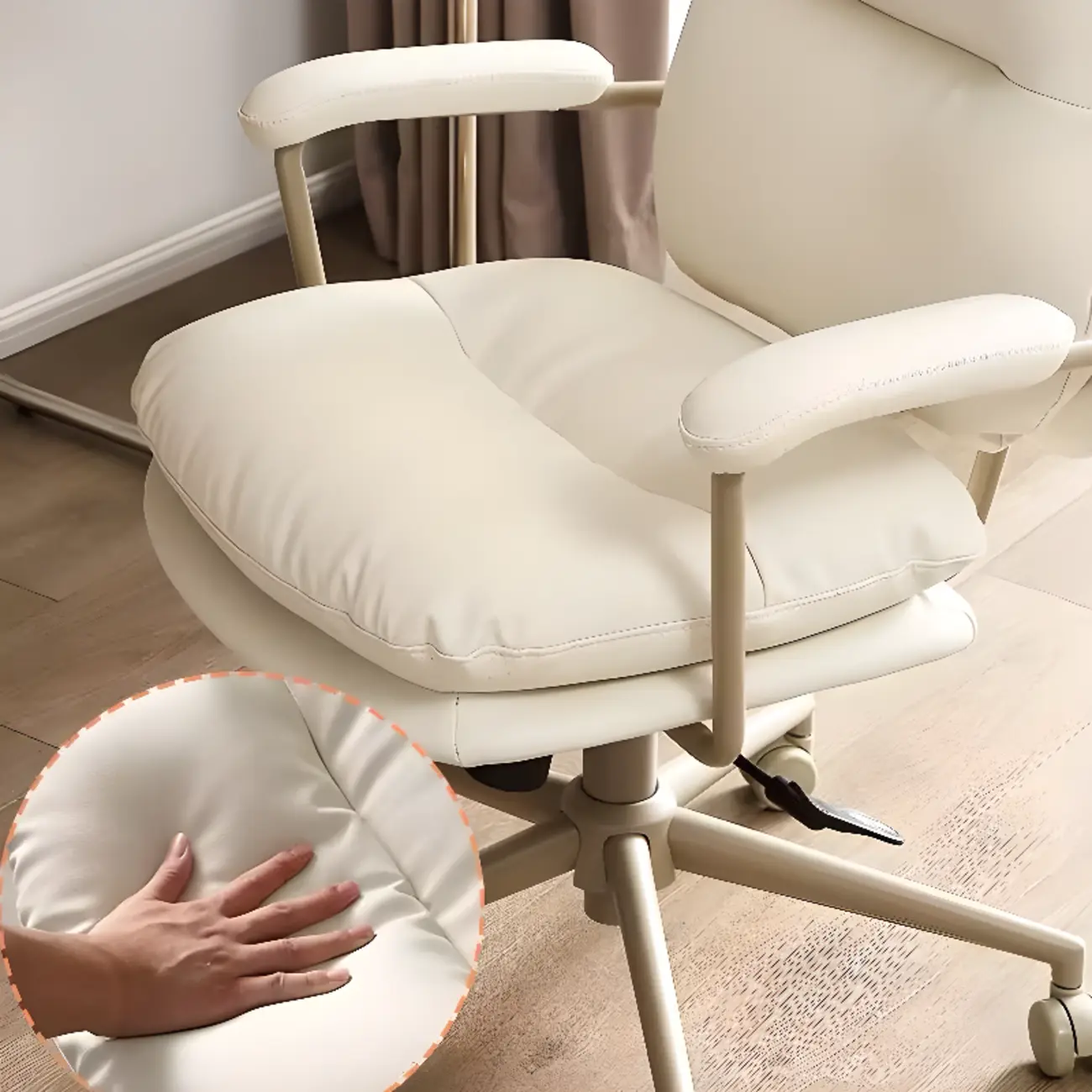 Elegant Beige Leather Swivel Ergonomic Office Chair Image - 8 | homeyfad