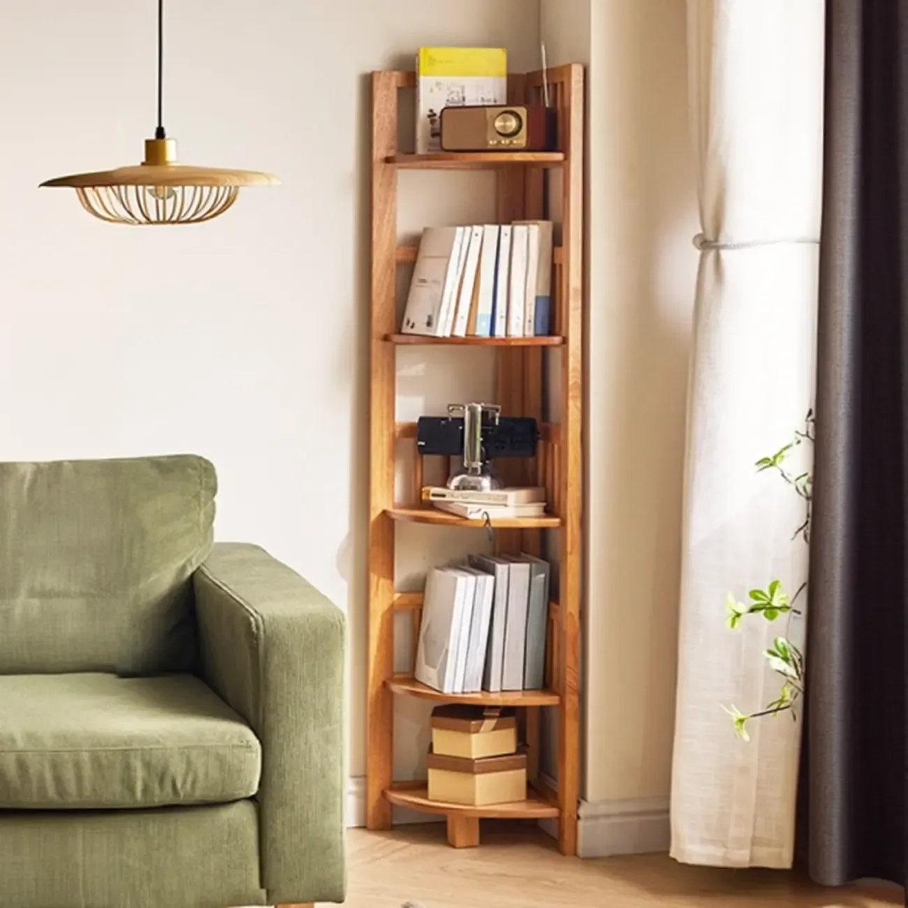 Narrow Wood Curved Shelf Corner Open Back Bookcase Image - 2