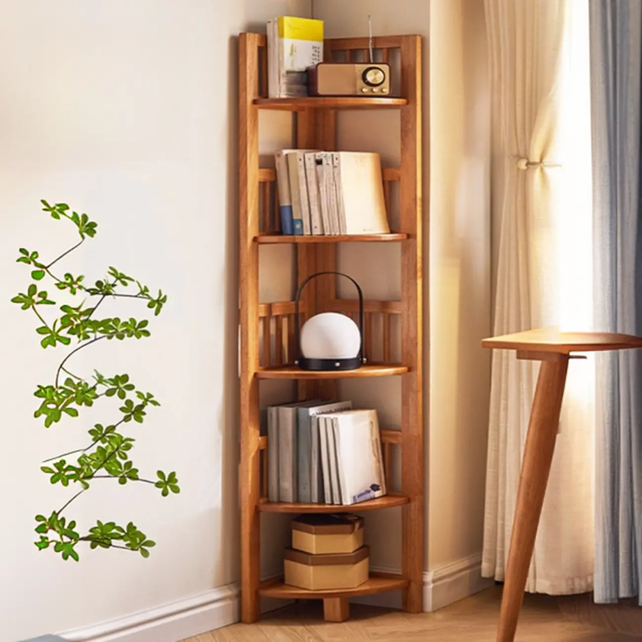 Narrow Wood Curved Shelf Corner Open Back Bookcase Image - 1 | homeyfad