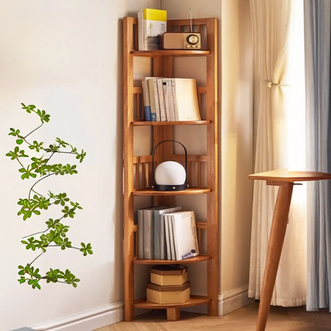 Narrow Wood Curved Shelf Corner Open Back Bookcase Image - 1