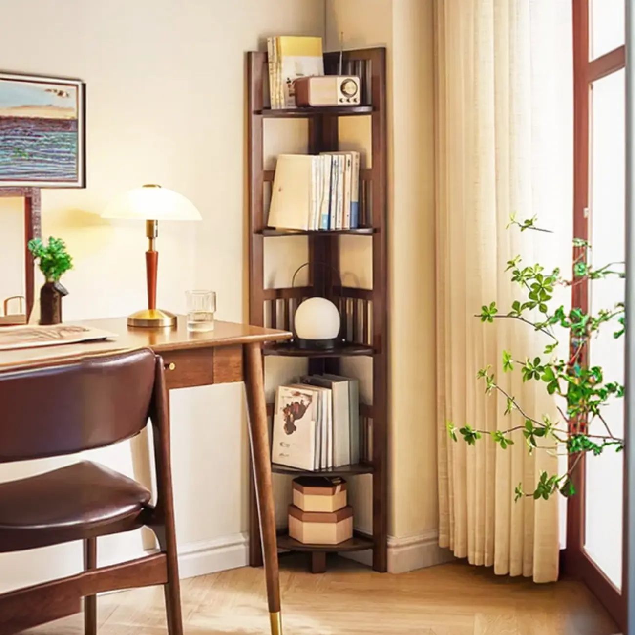 Narrow Wood Curved Shelf Corner Open Back Bookcase Image - 3 | homeyfad