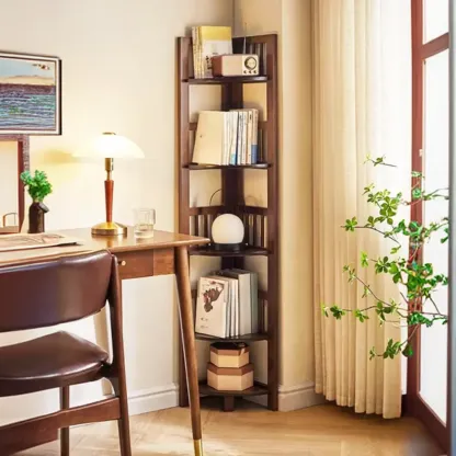 Narrow Wood Curved Shelf Corner Open Back Bookcase Image - 3