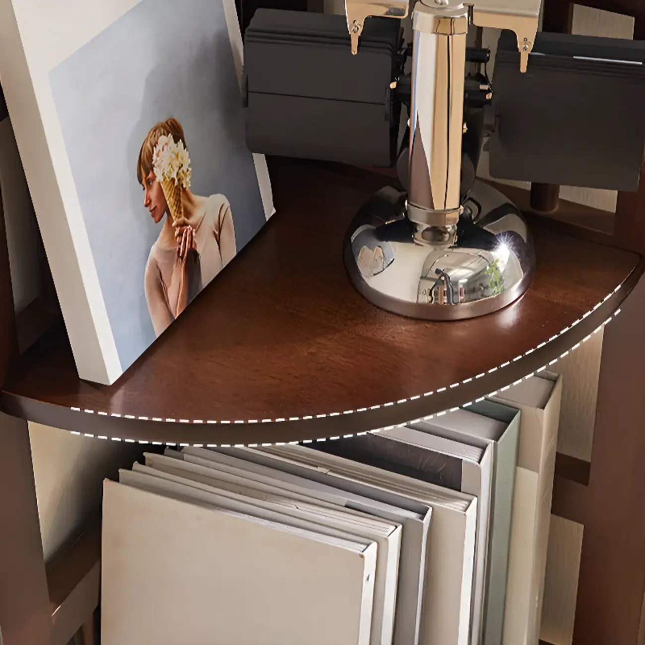 Narrow Wood Curved Shelf Corner Open Back Bookcase Image - 8