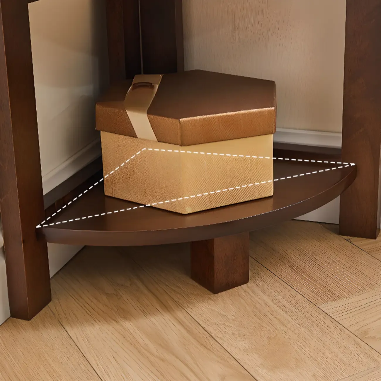 Narrow Wood Curved Shelf Corner Open Back Bookcase Image - 4